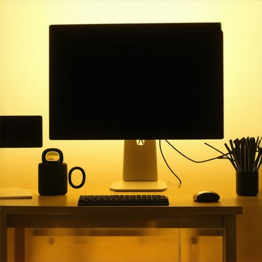 Advanced Desk Lighting and Monitor Setup Close-up of a monitor light bar and high-quality screen showing a clean, productive workspace.