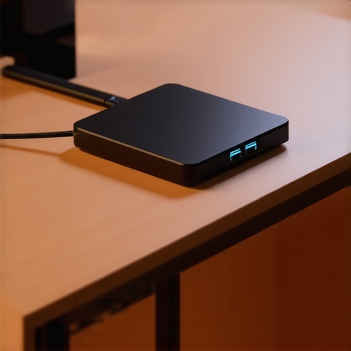A professional desk setup featuring a USB-C dock and ambient under-desk lighting.