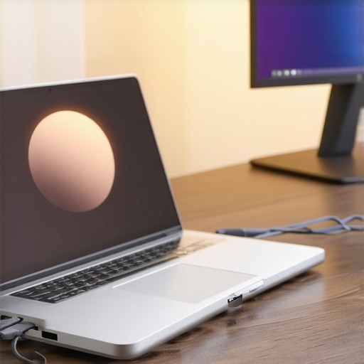 A professional desk setup featuring a USB-C dock and bias lighting to reduce eye strain.