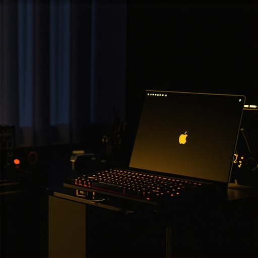 A detailed shot of a workspace optimized with a monitor light bar and bias lighting to reduce eye strain.