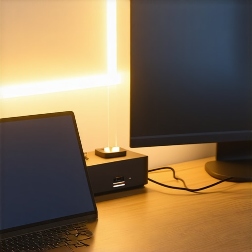 Advanced Ergonomic Desk Lighting and Dock Setup A professional workspace showing a monitor light bar for indirect illumination and a USB-C dock for efficient cable management.