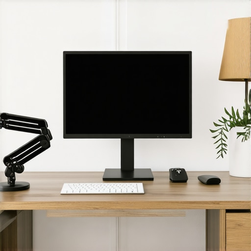 Advanced Ergonomic Desk Setup with Layered Lighting An organized desk setup featuring a dual-source lighting arrangement, an adjustable monitor arm, and a wooden riser to reduce neck strain.