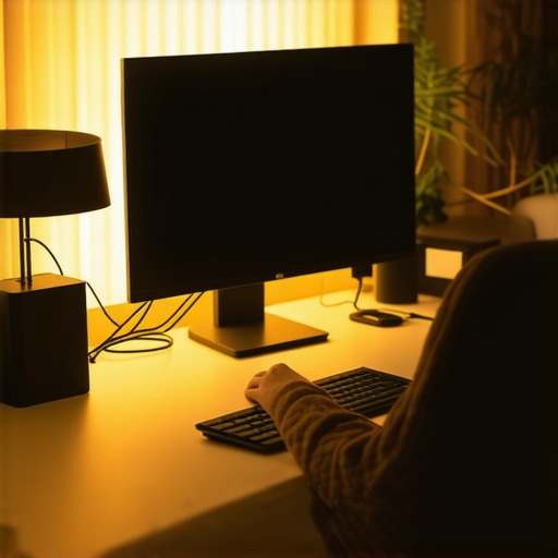 Advanced Ergonomic Desk Setup with USB-C Dock and Ambient Lighting A professional desk setup featuring an organized workspace with a monitor, dock, and proper lighting.