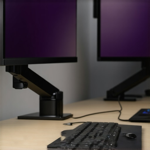 Minimalist desk setup with dual monitors on VESA mounts and a USB-C dock