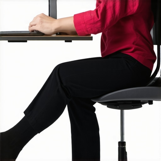 Professional showing the correct 110-degree hip angle using an under-desk footrest to reduce spinal pressure.