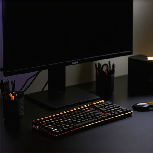 Close up of a professional desk setup showing a USB-C dock and a monitor with warm ambient bias lighting to reduce eye strain.
