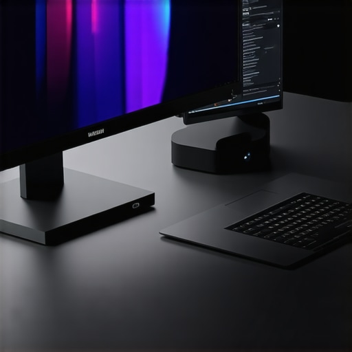 Professional dual monitor desk setup with a high-end USB-C dock and color calibration focus.