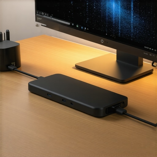 Advanced USB-C Dock Connectivity High-end USB-C dock on a desk showing professional cable management and 4K monitor connection.
