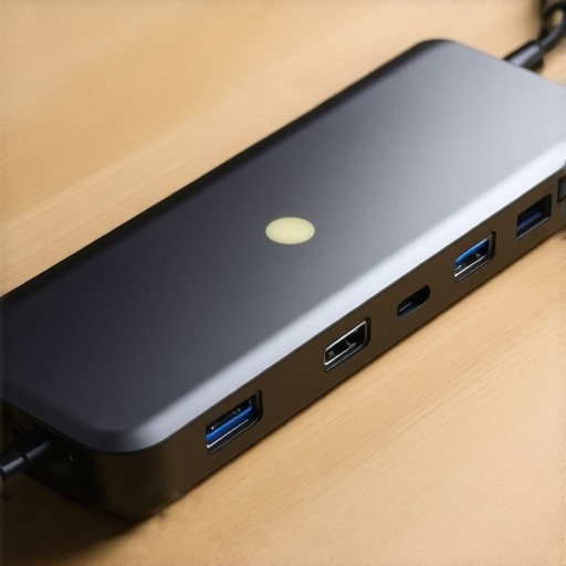A high-end USB-C dock with multiple cables connected on a modern desk.