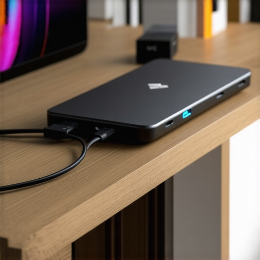 A modern USB-C docking station with cables organized under a wooden desk riser.