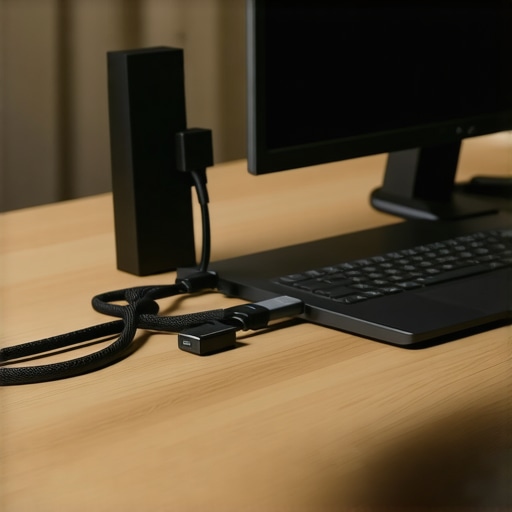 Advanced USB-C Docking Station Setup A professional desk setup featuring a USB-C dock with multiple monitor and data connections.