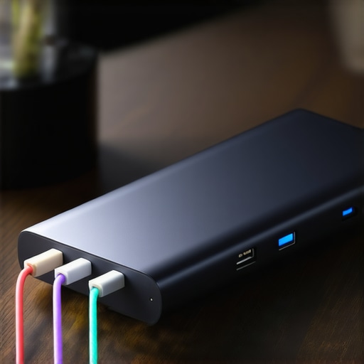 A professional USB-C docking station managing multiple high-speed connections on a dark wooden desk.