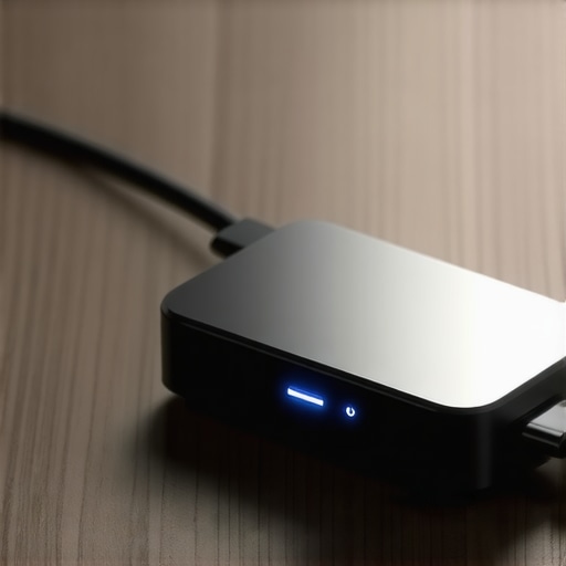 Advanced USB-C Docking Station Setup A high-end USB-C dock on a desk showing professional cable management and connectivity.