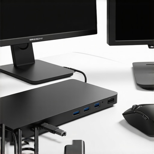 Advanced USB-C Docking Station Setup Close up of a USB-C dock with multiple cables and a high-resolution monitor in a professional home office.