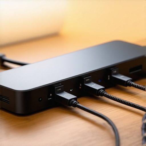 Advanced USB-C Docking Station Setup Close-up of a high-performance USB-C dock with multiple cables on a clean desk.