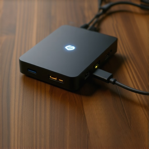 Advanced USB-C Docking Station Setup Close-up of a high-performance USB-C dock with multiple monitor and data cables connected on a professional desk.