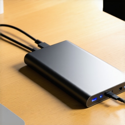 Advanced USB-C Docking Station Setup Close-up of a premium USB-C dock showing cable management and connectivity for a professional workspace.