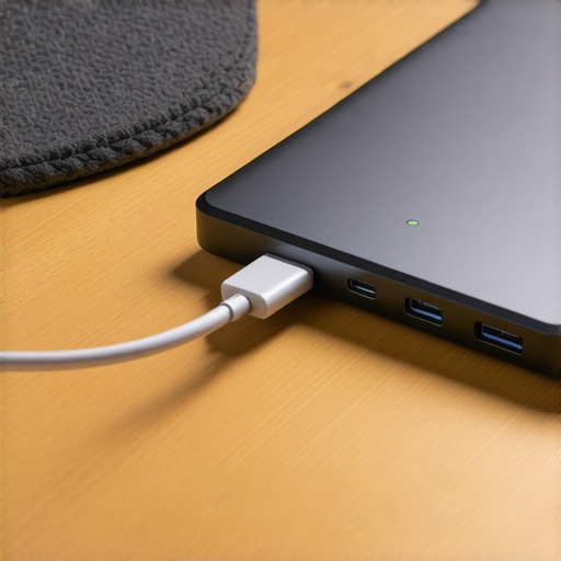 A sleek aluminum USB-C dock connected to multiple cables on a wooden desk with a felt mat.