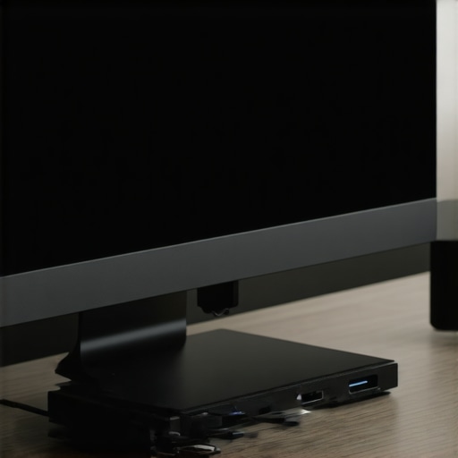 A modern desk setup showing a USB-C dock and ergonomic bias lighting behind a monitor.