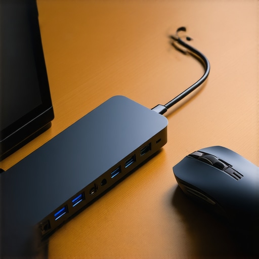 Close up of a USB-C hub with proper cable management and a wireless mouse receiver positioned to avoid EMI interference.