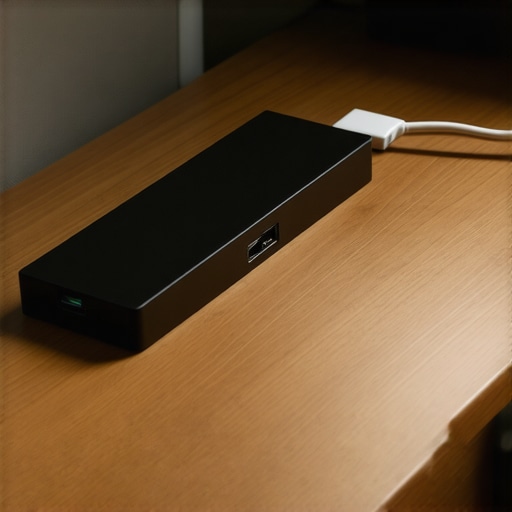 Advanced Under-Desk Cable Management and Maintenance Close-up of a neatly organized desk underside with mounted docking station and power management.