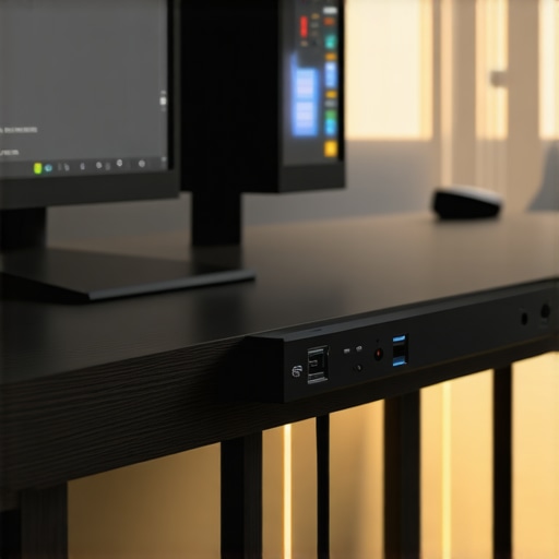 Advanced Under-Desk Dock and Lighting Nuance A professional desk setup showing a hidden USB-C dock and indirect bias lighting to reduce eye strain.