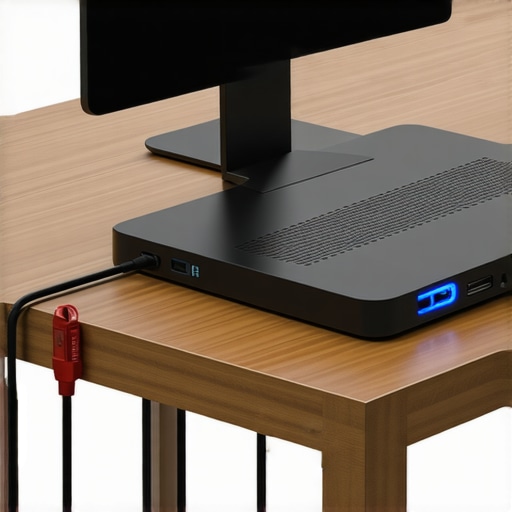 Advanced Under-Desk Docking Station Setup A ventilated under-desk mount for a USB-C docking station with color-coded labeled cables for heat management and organization.