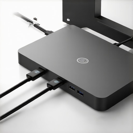 Close-up of a high-performance USB-C docking station with organized cables on a professional desk.