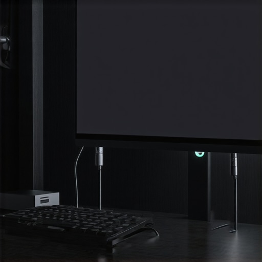 A professional desk setup with bias lighting and a USB-C dock managing multiple monitor cables.