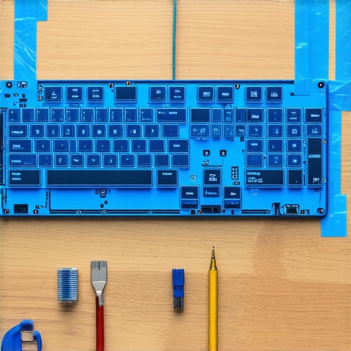 Applying the Tape Mod to a Keyboard Close-up of blue painter's tape on a keyboard PCB for acoustic dampening.