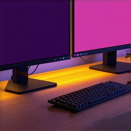Balanced Desk Lighting and USB-C Dock Setup A perfectly balanced dual-monitor workspace with premium bias lighting and a clean USB-C docking station setup.