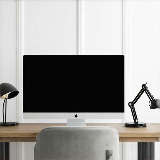 A modern desk setup showing the 3 to 1 lighting ratio between the monitor and the back wall.