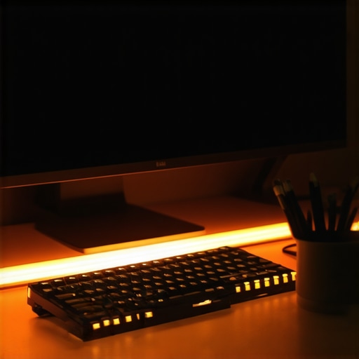 Modern desk with monitor light bar and warm ambient lighting for reduced eye strain