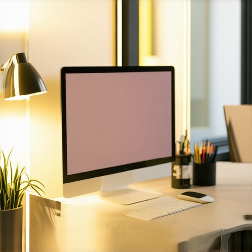 A desk setup showing a computer monitor parallel to a window with balanced ambient lighting to prevent glare.