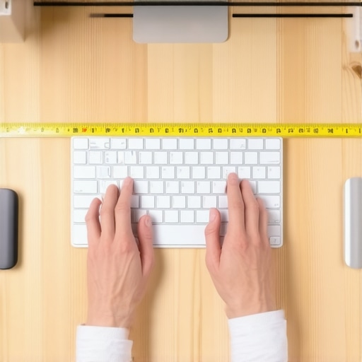 Calculating the Perfect Desk Depth A person measuring desk depth with a tape measure to ensure ergonomic monitor distance.