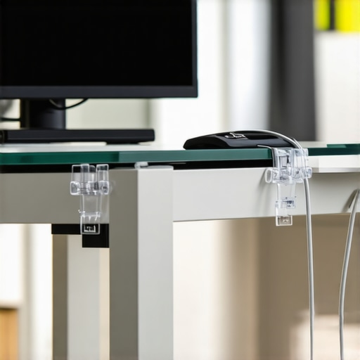 Clean Cable Management on a Glass Desk Professional cable management using clear clips on a glass desk frame