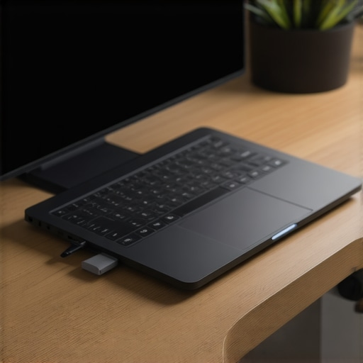 Clean Cable Management with Under-Desk Dock A modern desk showing a single-cable laptop connection using an under-desk mounted USB-C dock.