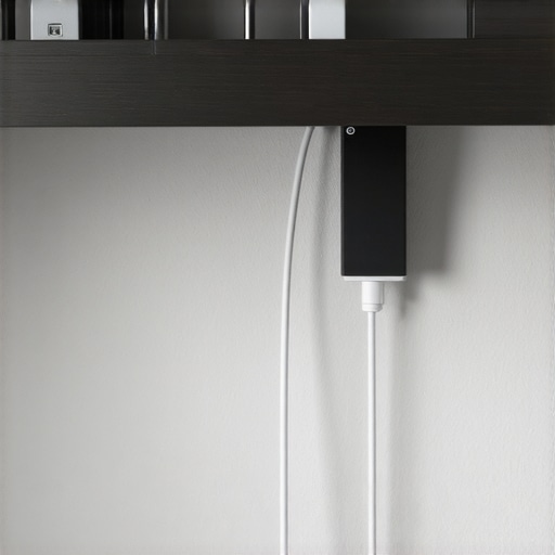 Close-up of a neatly organized under-desk area with mounted power strips and cable sleeves.