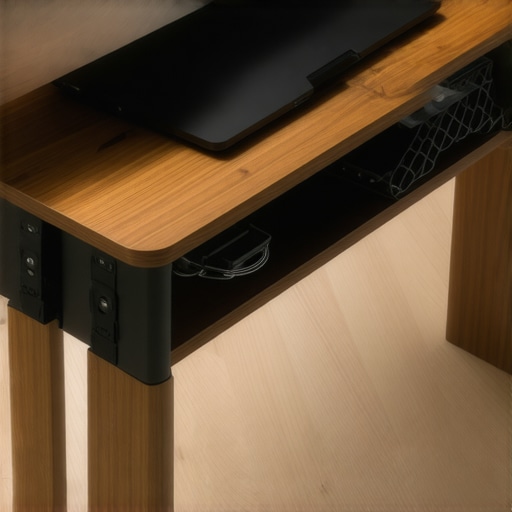 Clean Under-Desk Cable Management for Center-Leg Frames A detailed view of organized cables and a USB-C dock mounted under a desk for a clean setup.