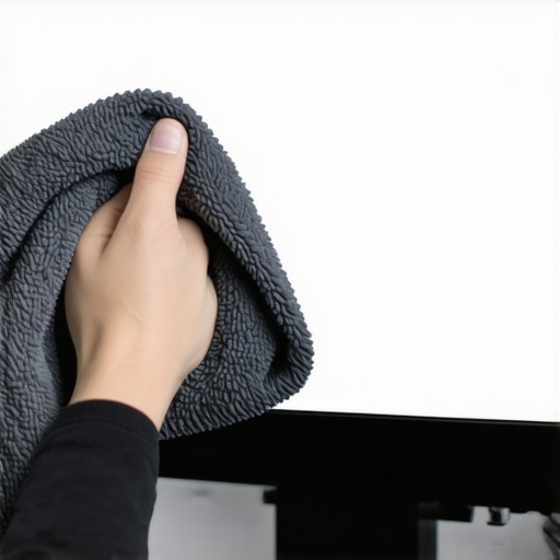 Cleaning a Glossy Monitor with Microfiber A person cleaning a glossy computer monitor with a microfiber cloth to maintain clarity.