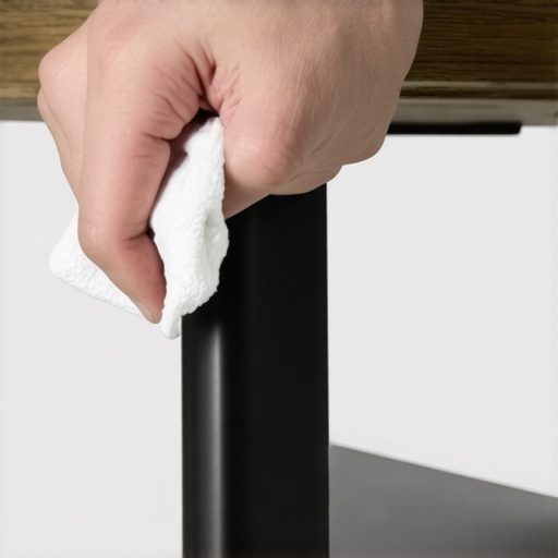 Cleaning a Standing Desk Lead Screw Close up of a person cleaning a metal lead screw on a standing desk motor