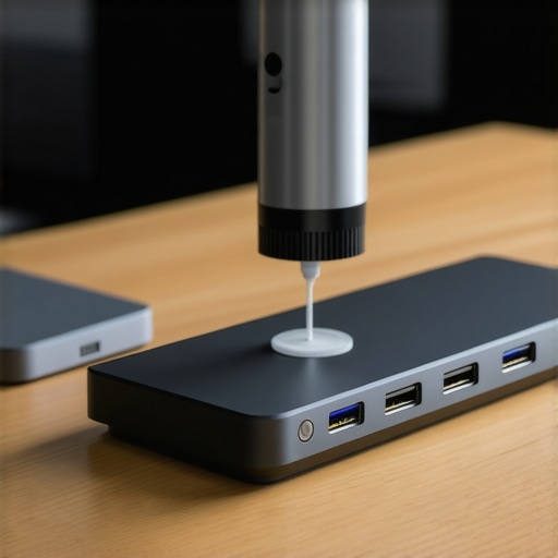 Cleaning a USB-C Dock with an Electric Duster Close up of person using an electric duster to clean a high-end office docking station