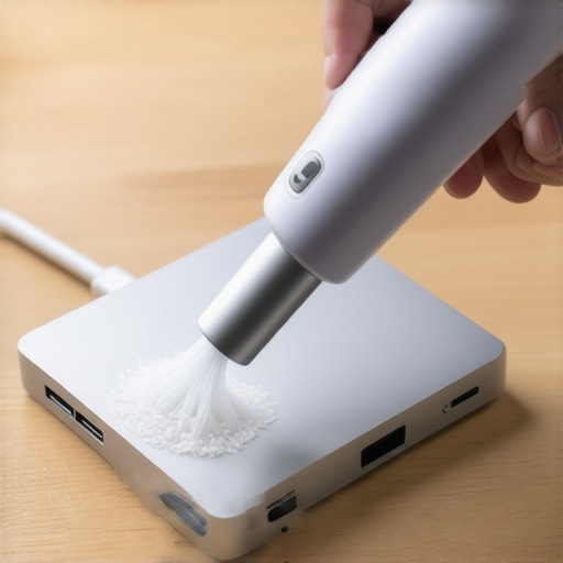 Close-up of maintaining a USB-C dock using an electric duster on a clean wooden desk setup.
