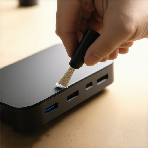 Cleaning a USB-C Dock A person cleaning dust from a USB-C docking station using a specialized brush.