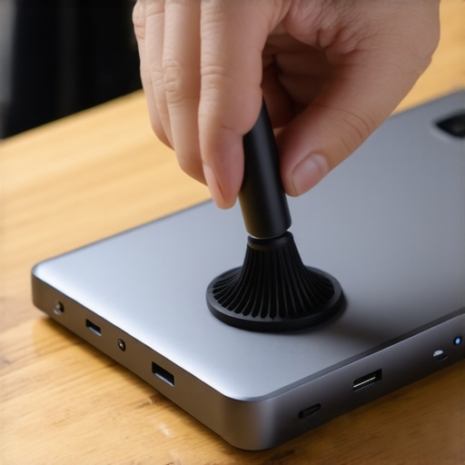 Close-up of a person cleaning dust from a USB-C dock with a specialized brush
