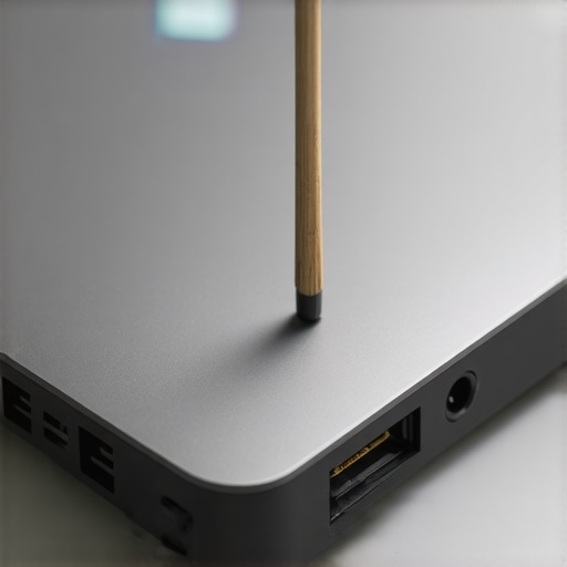 Close-up of a wooden toothpick removing debris from a laptop USB-C port to fix connection issues.