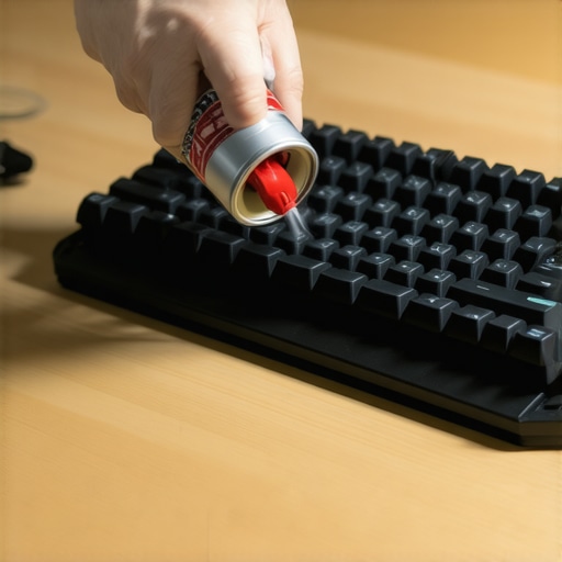 Close-up of compressed air cleaning a mechanical keyboard