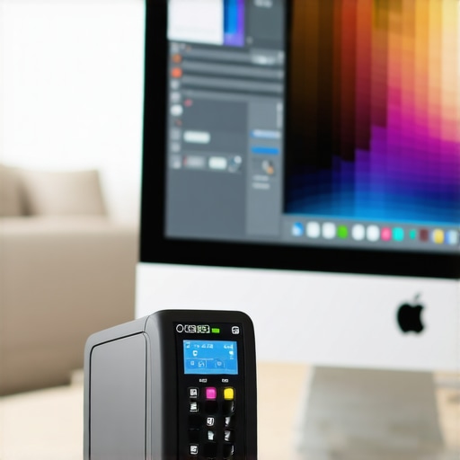 A physical colorimeter calibrating a desktop monitor screen for color accuracy