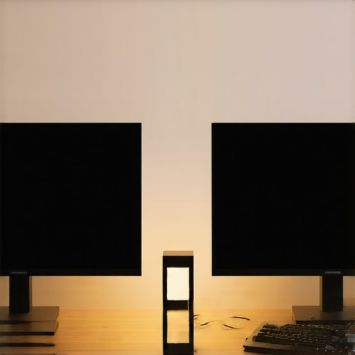 Comparing Monitor Refresh Rates and Office Lighting Quality A side-by-side visualization of monitor refresh rates and warm high-CRI desk lighting in a professional office.