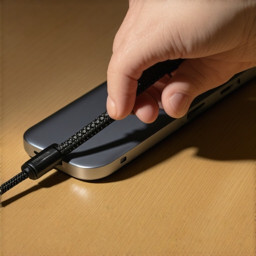 A hand plugging a USB-C cable into a laptop docking station on a modern office desk.